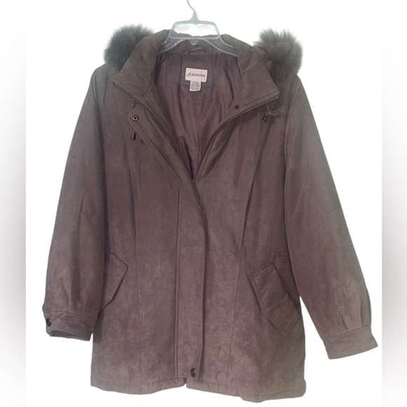 St. John's Bay brown sueded hooded coat w/genuine fox fur trim XLP. GUC - Picture 5 of 11